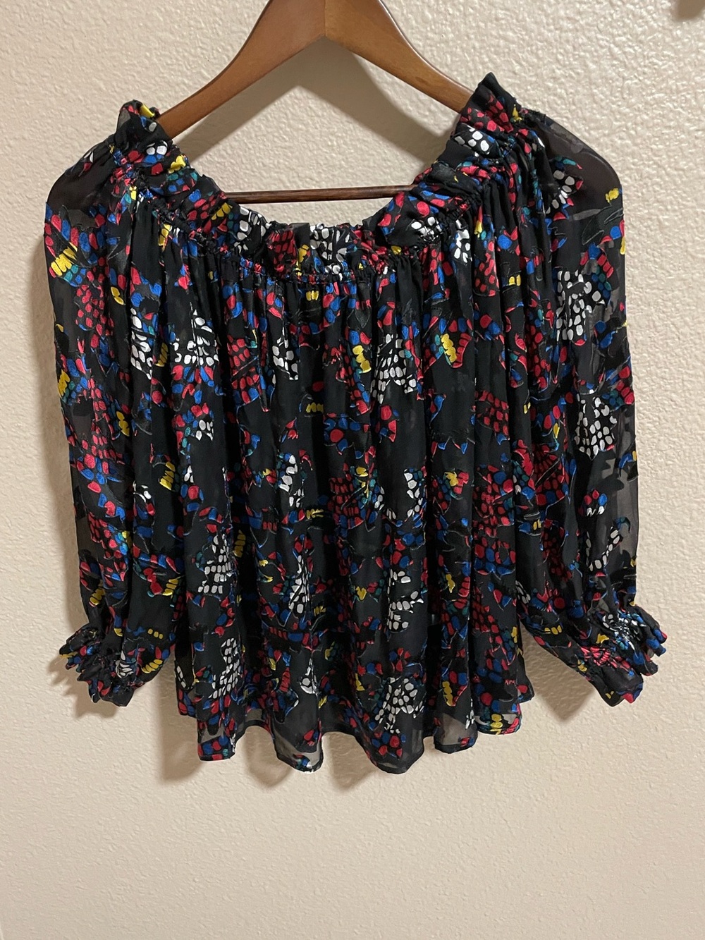 SALONI Black Floral Off-Shoulder Blouse with Smocked Neckline